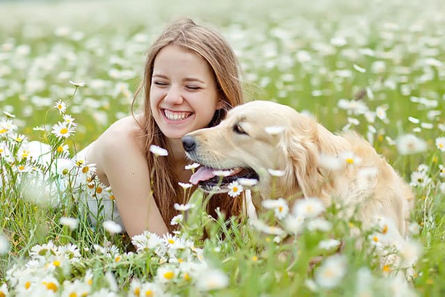 Golden Retriever und Mädchen genießen die Freiheit der Berge